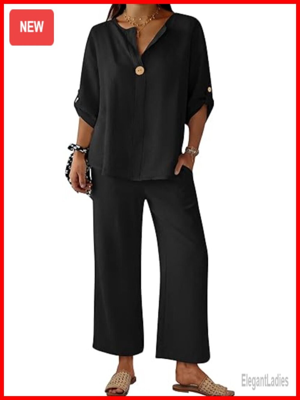 3/4 Sleeve V Neck Top Wide Leg Palazzo Pants Set Lounge Wear